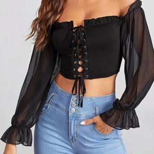 Ruffled Lace up Sheer sleeved blouse